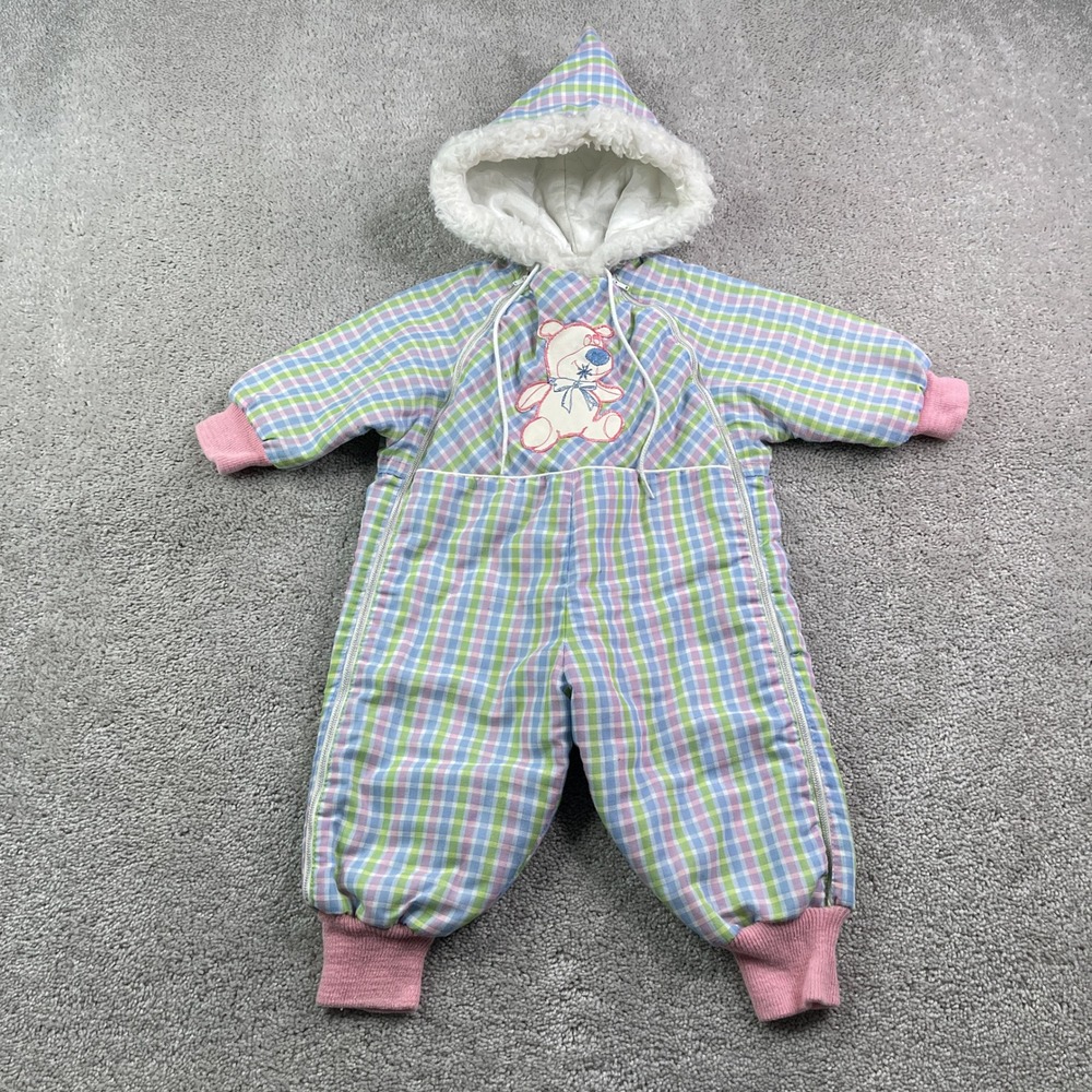 Vintage Sears Snowsuit Girls Medium Blue Pink Teddy Bear Embroidered Hooded 80s